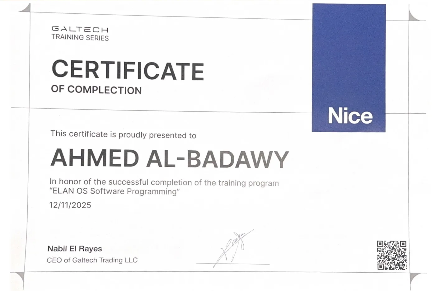 ELAN OS Software Programming certificate issued by Nice (Galtech Training Series) to Ahmed Al Badawy