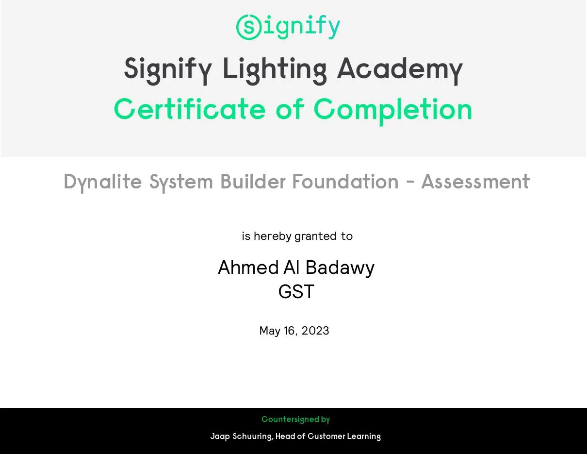 Dynalite System Builder Foundation – Assessment certificate issued by Signify Lighting Academy to Ahmed Al Badawy