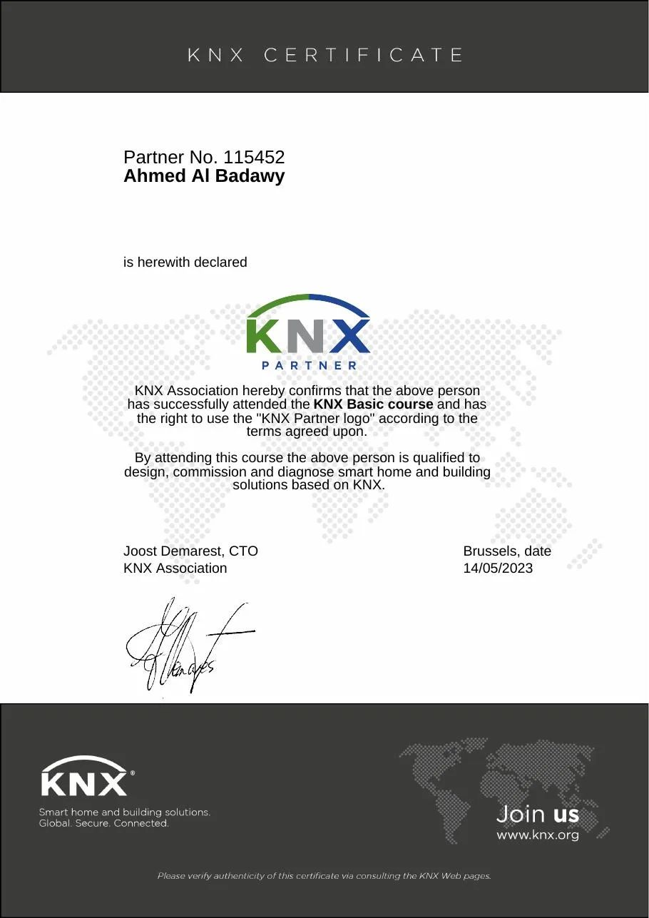 KNX Basic Course certificate issued by KNX Association to Ahmed Al Badawy