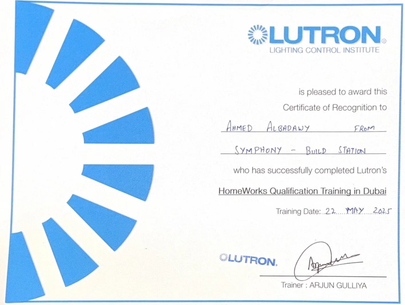 HomeWorks Qualification Training in Dubai certificate issued by Lutron Lighting Control Institute to Ahmed Al Badawy