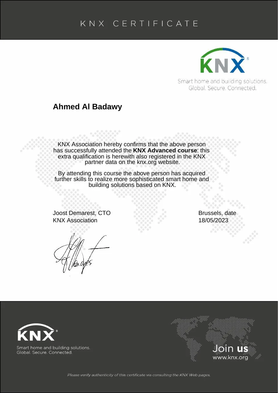 KNX Advanced Course certificate issued by KNX Association to Ahmed Al Badawy