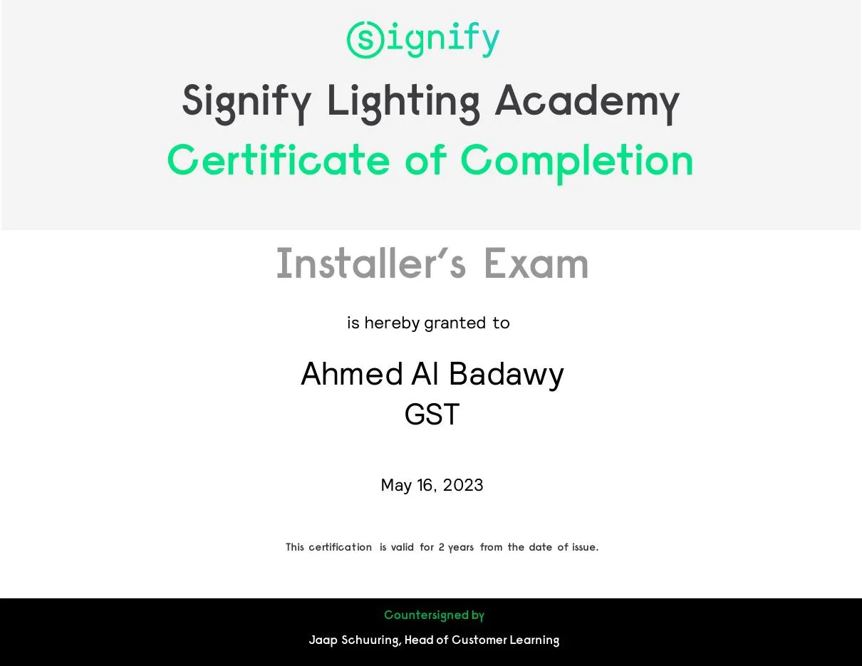 Installer’s Exam certificate issued by Signify Lighting Academy to Ahmed Al Badawy