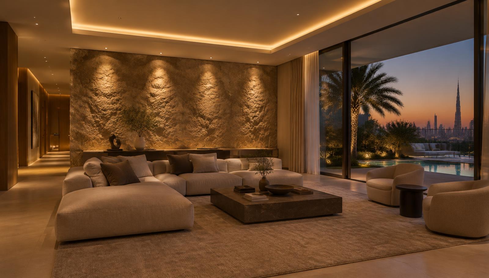 Illustrative lighting concept: villa living room with cove lighting, wall grazing on stone and recessed spotlights