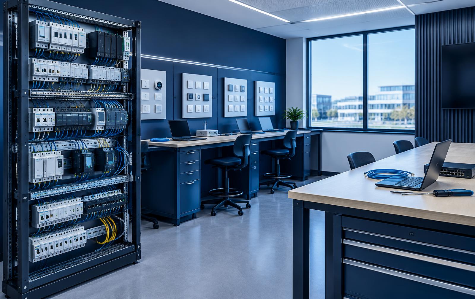 Smart-home training lab with an equipment rack, DIN-rail control panels and patch cables in navy and blue tones